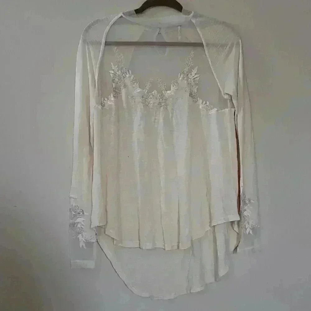 Free People Sheer Lace Button Neck Long Sleeve Top Size XS Extra Small